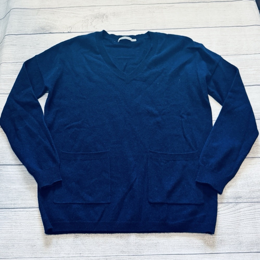 In Cashmere‎ Navy V-Neck Patch Pocket Sweater Size Small Minimalist Blue